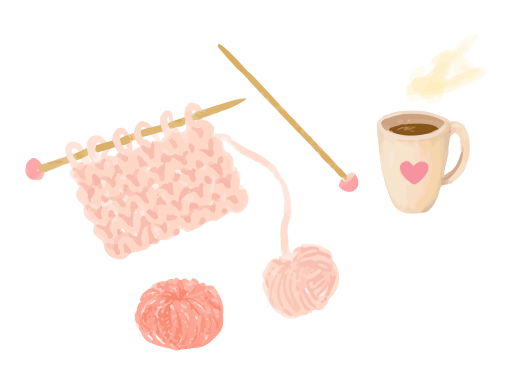 編み物とコーヒーが描かれたイラスト。ピンクの毛糸玉と編み針、ハート模様のマグカップが一緒に描かれている。