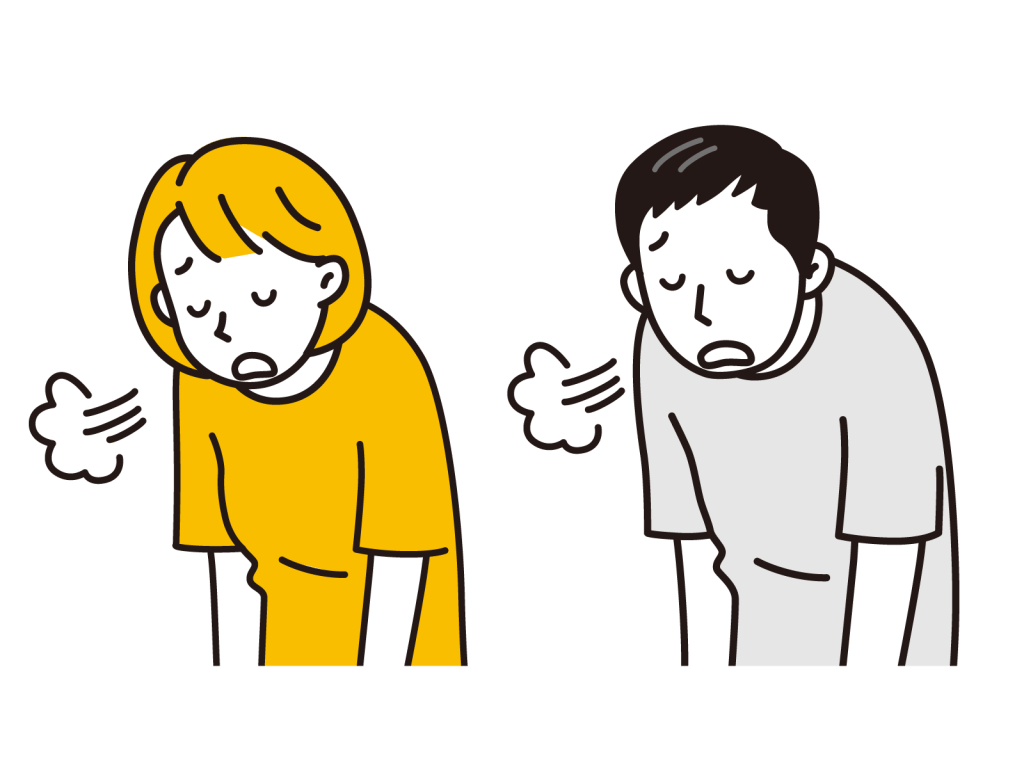 疲れている様子の男女が立っているイラスト。女性はオレンジ色の服を着て、男性はグレーの服を着ている。二人とも息を吐き、ややうつむいている。