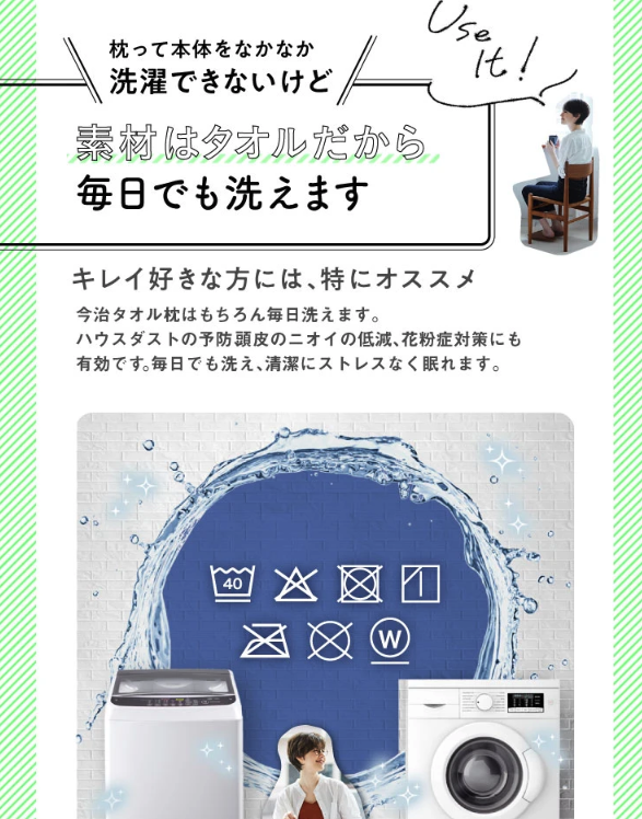 タオル素材の枕が毎日洗えることを強調した画像。洗濯機と注意マークが示され、水の流れを表すデザインが背景に描かれている。